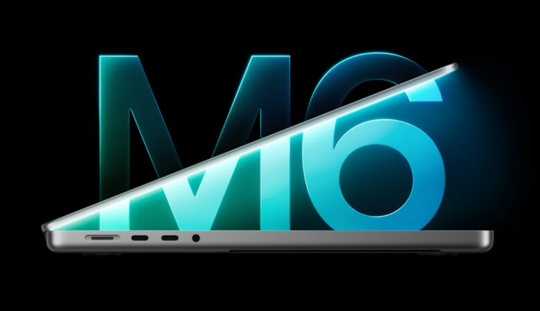 Nowy komputer Apple MacBook Pro z M6 na ciemnym tle
